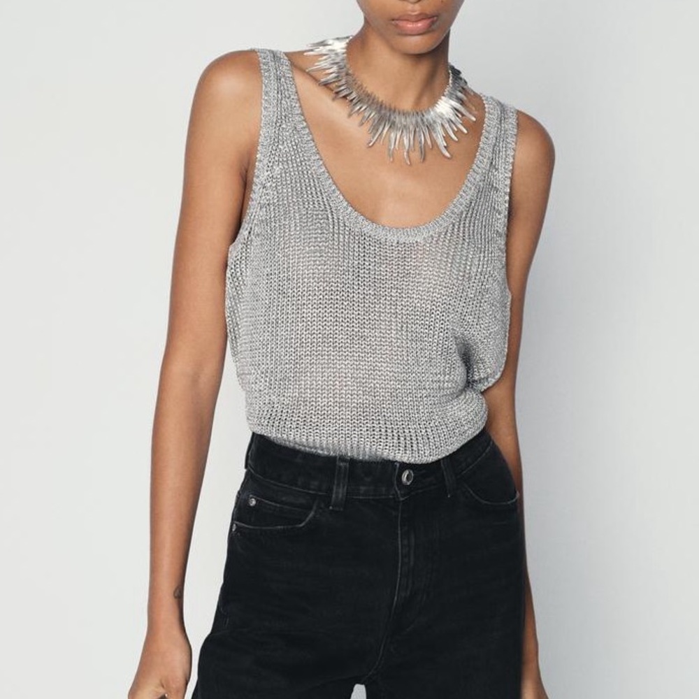 NWT Zara Knit Metallic Silver Scoopneck Tank Top